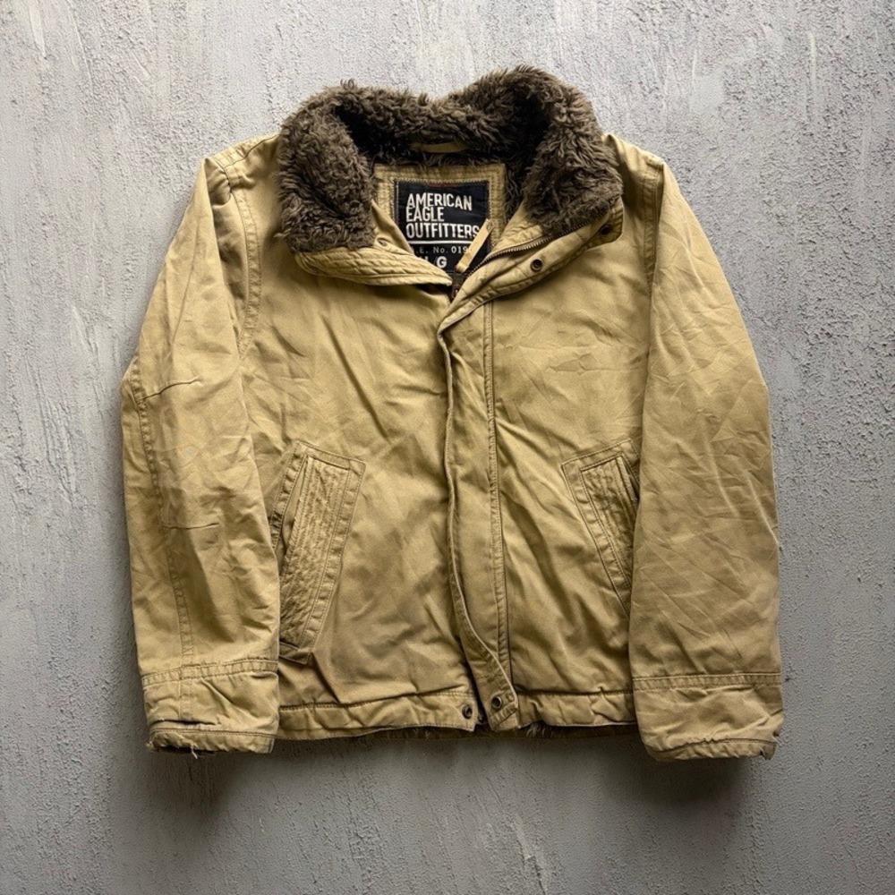 Vintage American Eagle Jacket Large Tan 2000s Y2K Faux Fur Collar